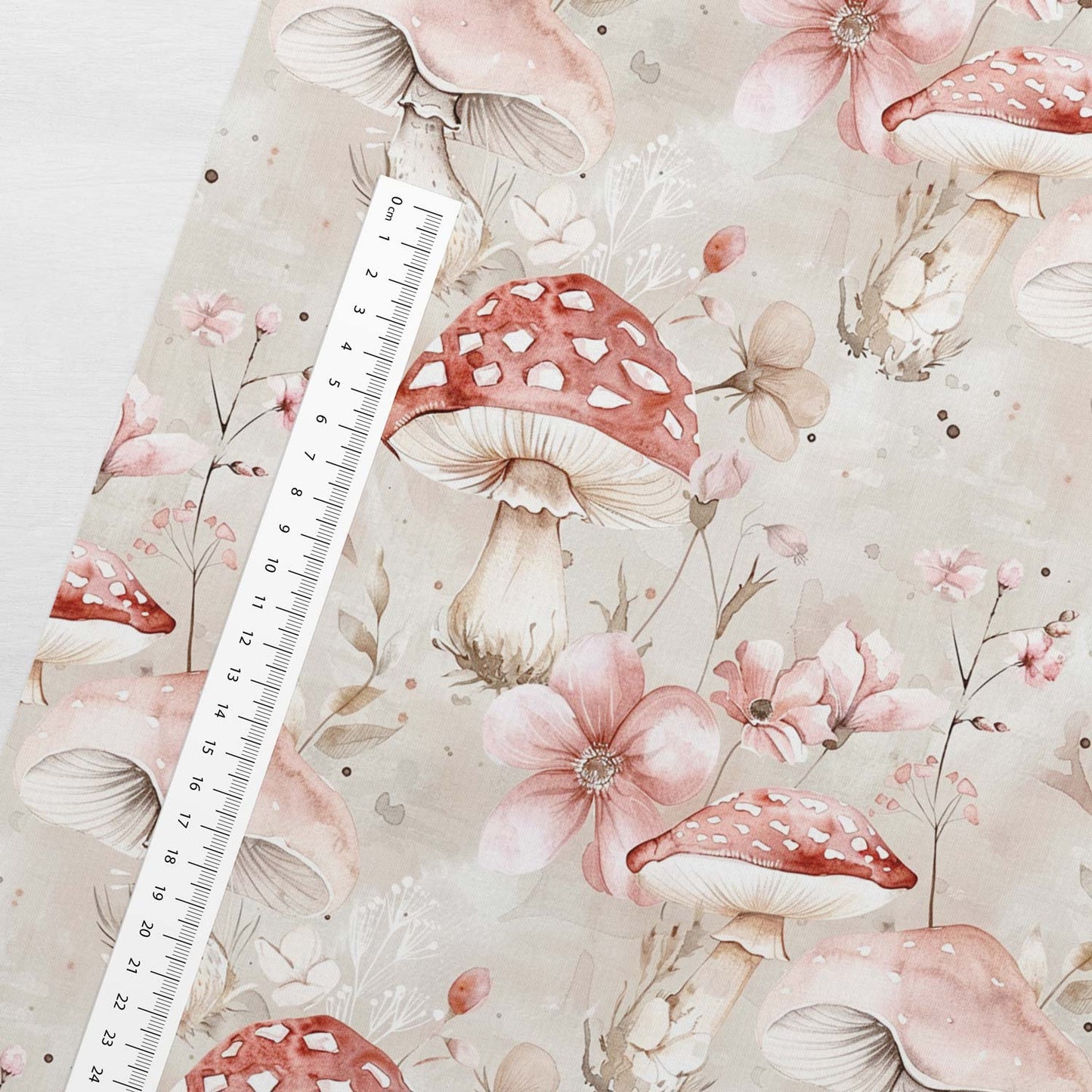 Attēls ar Kokvilnas trikotāža - sēnes ziedos 200 g/m² – pieejams Šarlotes audumi