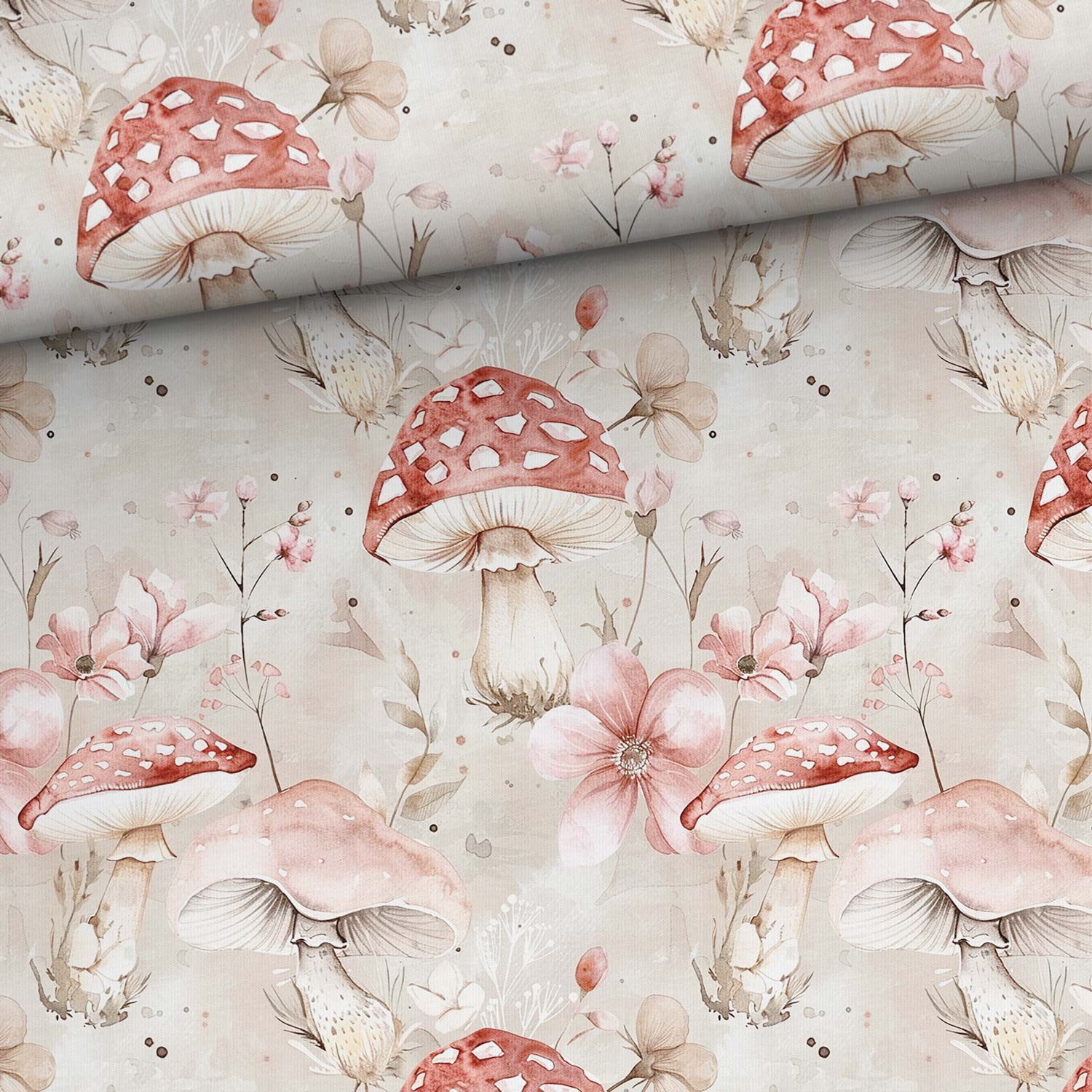 Attēls ar Kokvilnas trikotāža - sēnes ziedos 200 g/m² – pieejams Šarlotes audumi