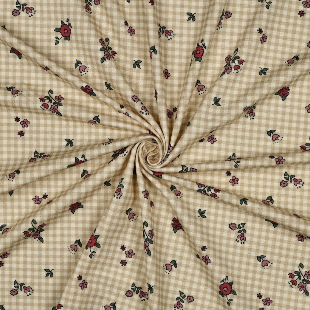 Attēls ar Kokvilnas trikotāža - smalki ziediņi uz rūtaina fona 220 g/m² (GOTS sert.) – pieejams Šarlotes audumi