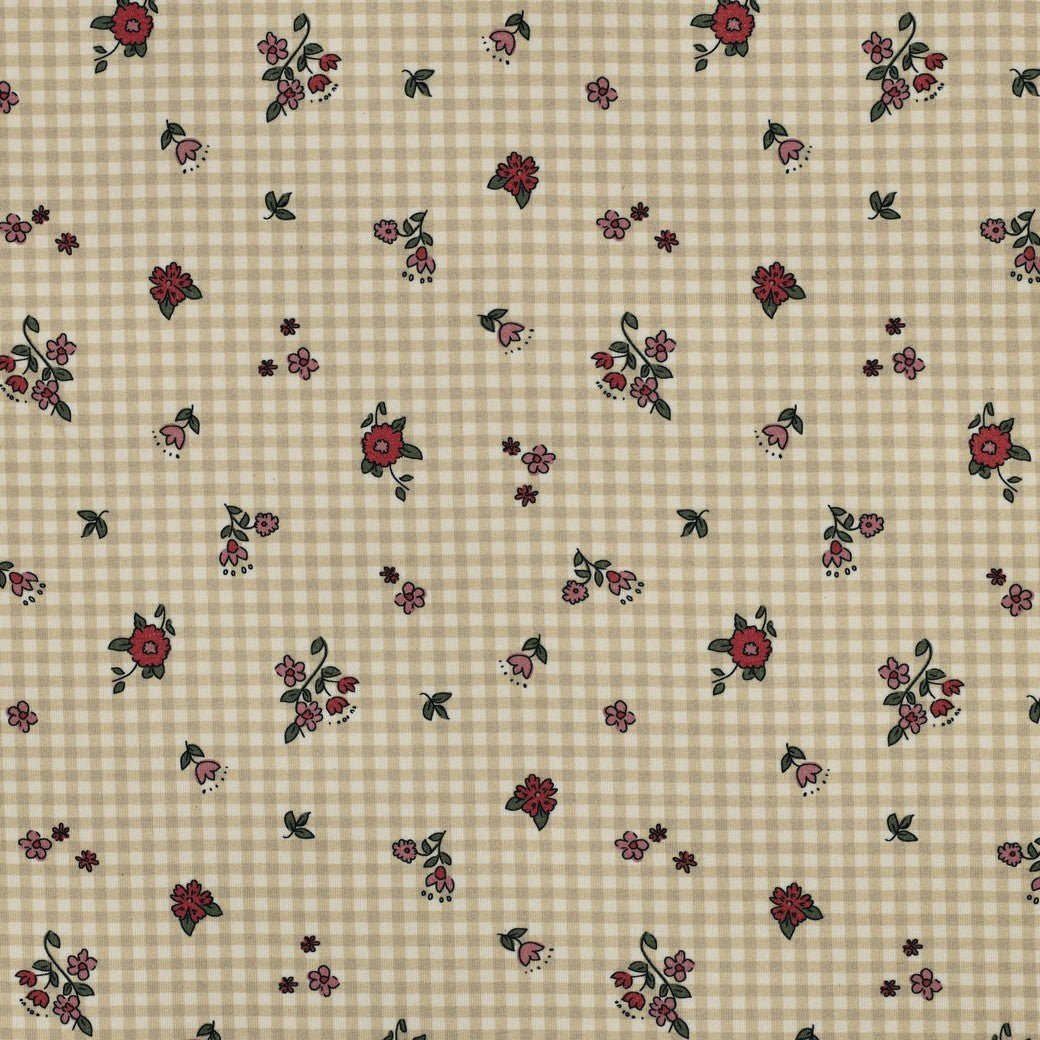 Attēls ar Kokvilnas trikotāža - smalki ziediņi uz rūtaina fona 220 g/m² (GOTS sert.) – pieejams Šarlotes audumi