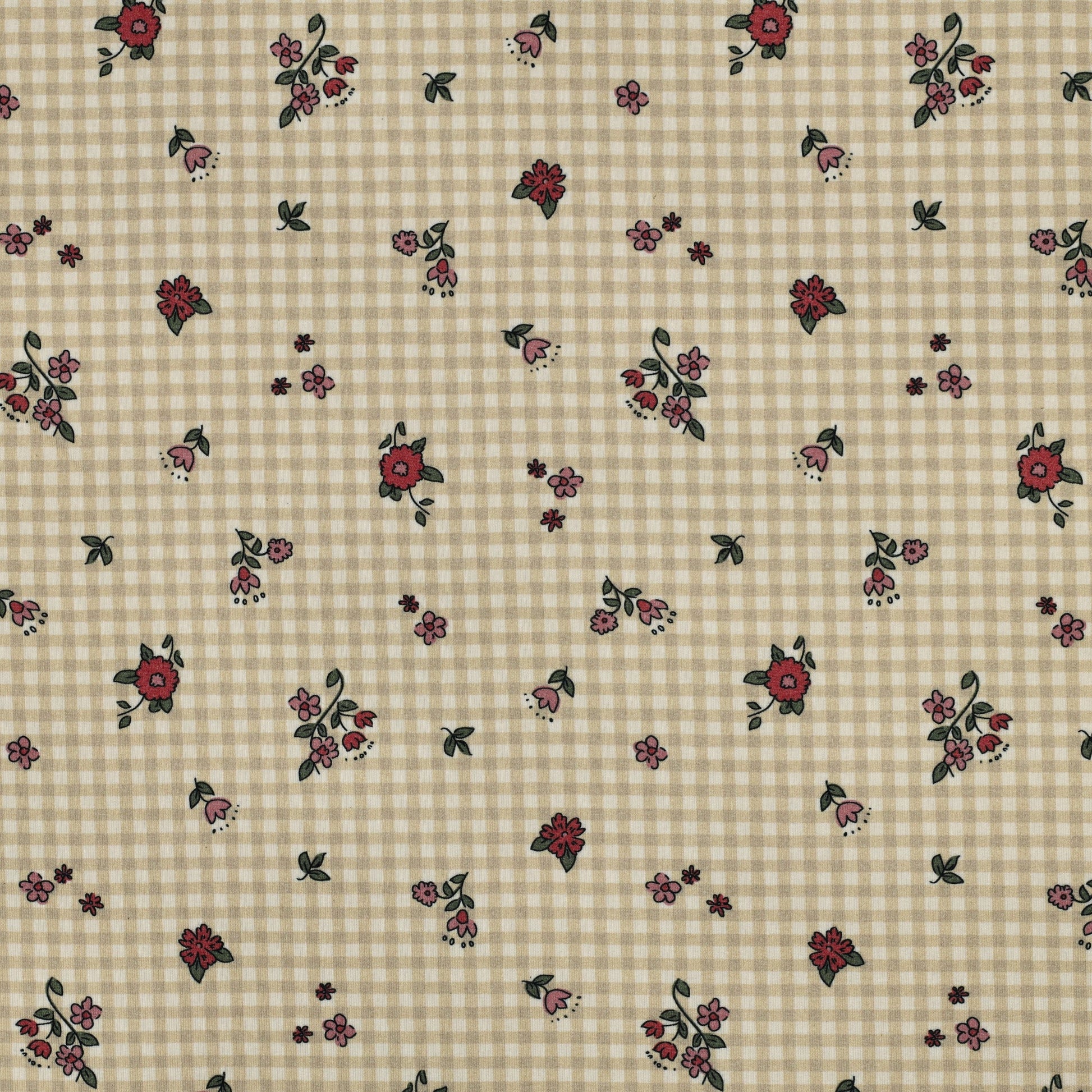 Attēls ar Kokvilnas trikotāža - smalki ziediņi uz rūtaina fona 220 g/m² (GOTS sert.) – pieejams Šarlotes audumi