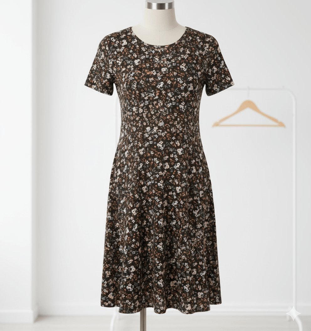 Attēls ar Kokvilnas trikotāža - smalki ziediņi uz tumši brūna 200 g/m² – pieejams Šarlotes audumi