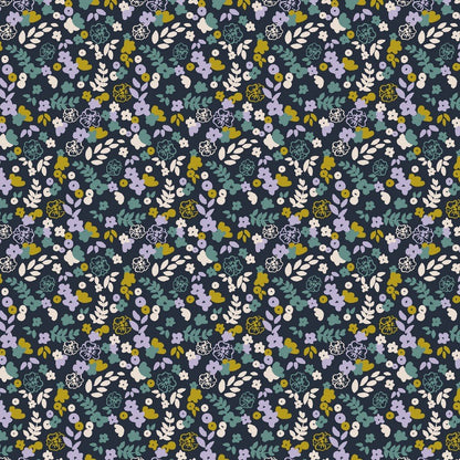 Maille de coton - petites fleurs délicates sur fond bleu foncé 220 g/m² (cert. GOTS)
