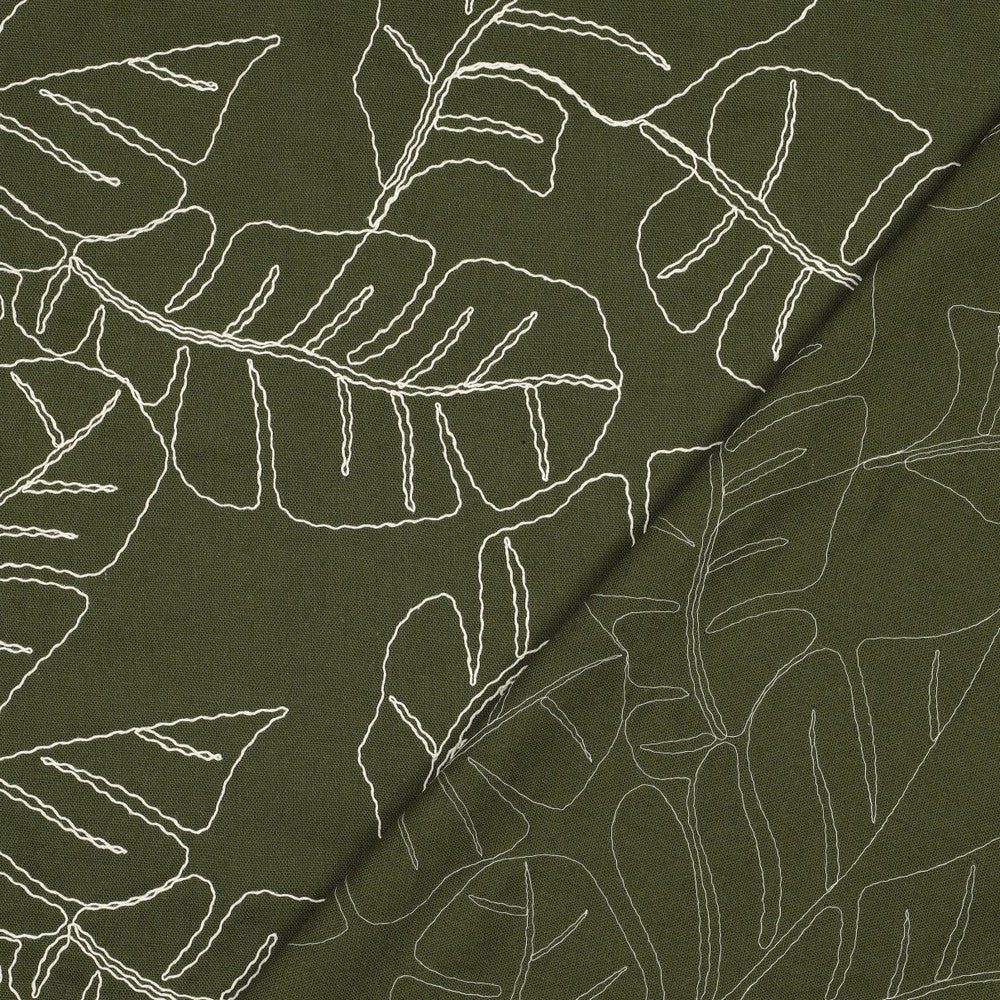 Image avec lin et feuilles brodées en viscose sur fond vert 210 g/m² – disponible chez Šarlotes audumi