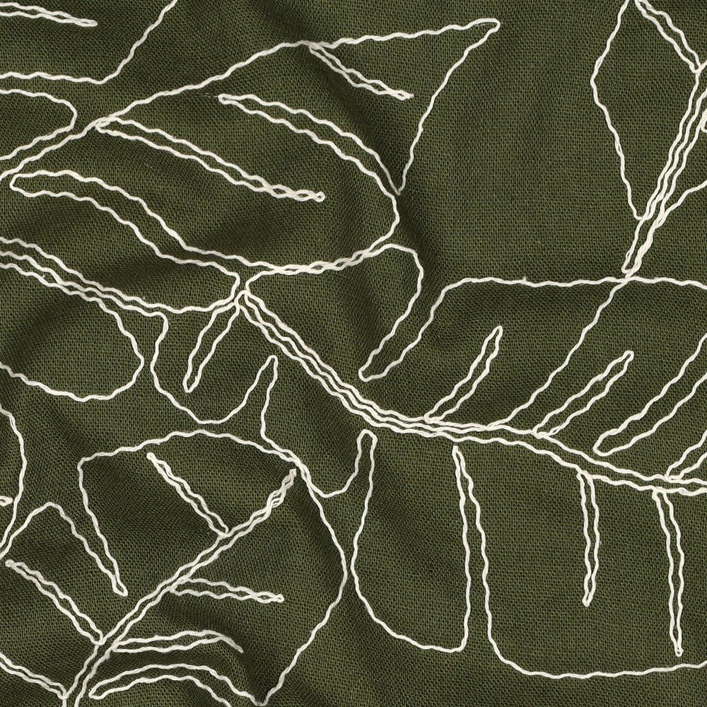 Image de lin avec feuilles brodées en viscose sur fond vert 210 g/m² – disponible chez Šarlotes audumi