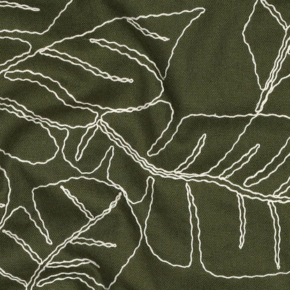 Image de lin avec feuilles brodées en viscose sur fond vert 210 g/m² – disponible chez Šarlotes audumi