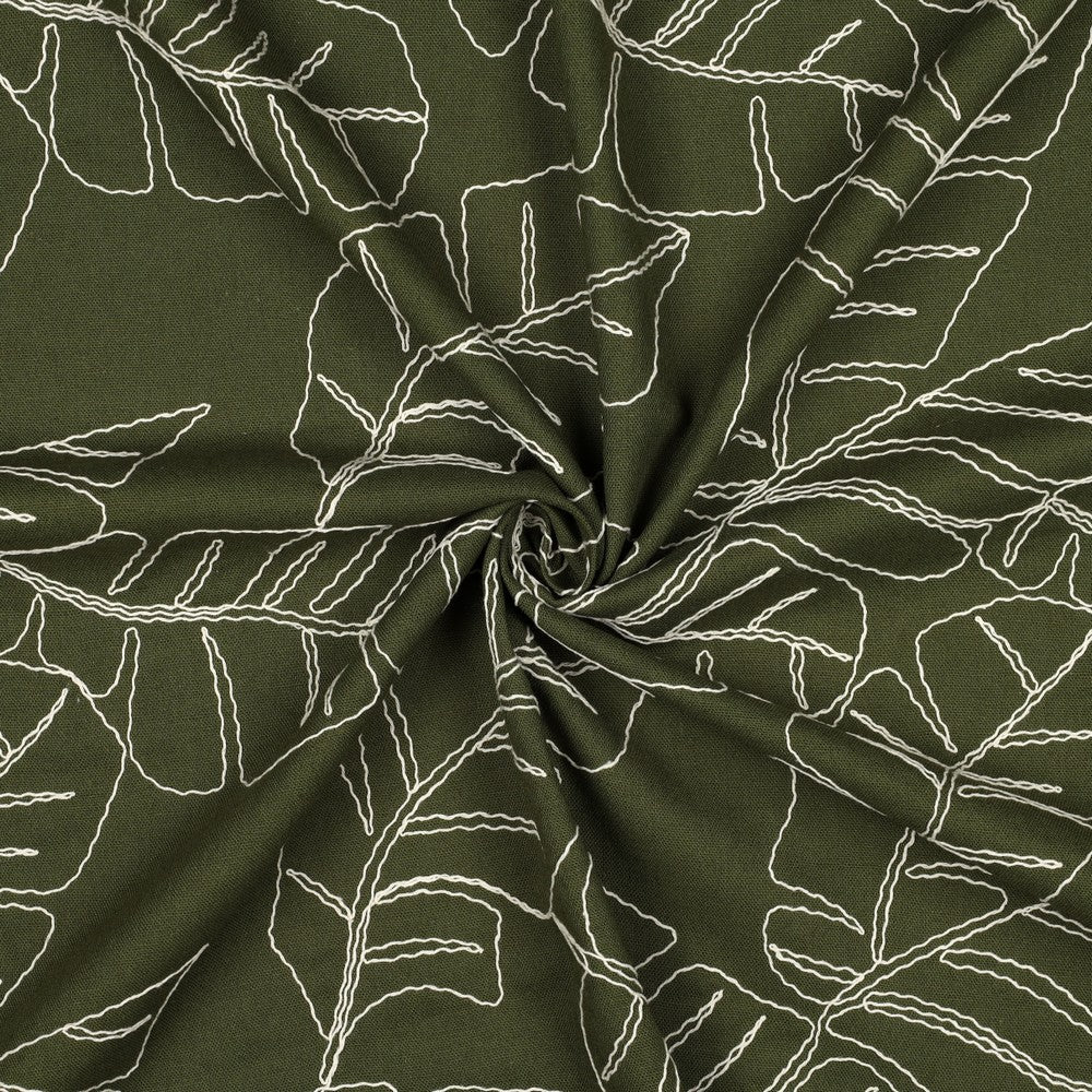 Image de lin avec feuilles brodées en viscose sur fond vert 210 g/m² – disponible chez Šarlotes Tissus