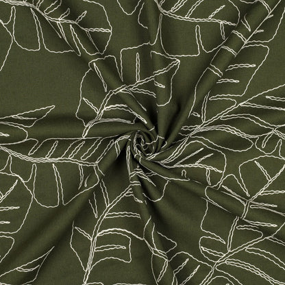 Image de lin avec feuilles brodées en viscose sur fond vert 210 g/m² – disponible chez Šarlotes Tissus