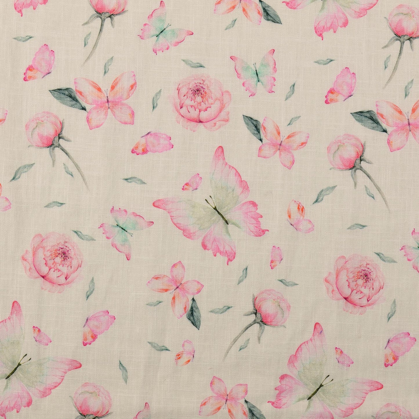 Image de lin et viscose - pivoines et papillon 220 g/m² – disponible chez Šarlotes audumi