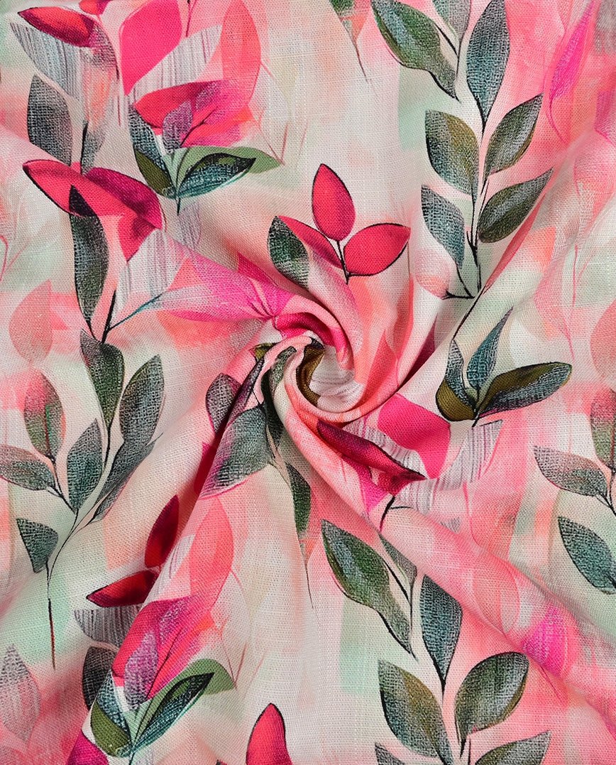 Image de lin avec viscose - feuilles vertes et roses 180 g/m² – disponible chez Šarlotes audumi
