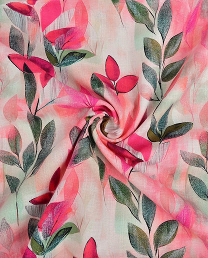 Image de lin avec viscose - feuilles vertes et roses 180 g/m² – disponible chez Šarlotes audumi