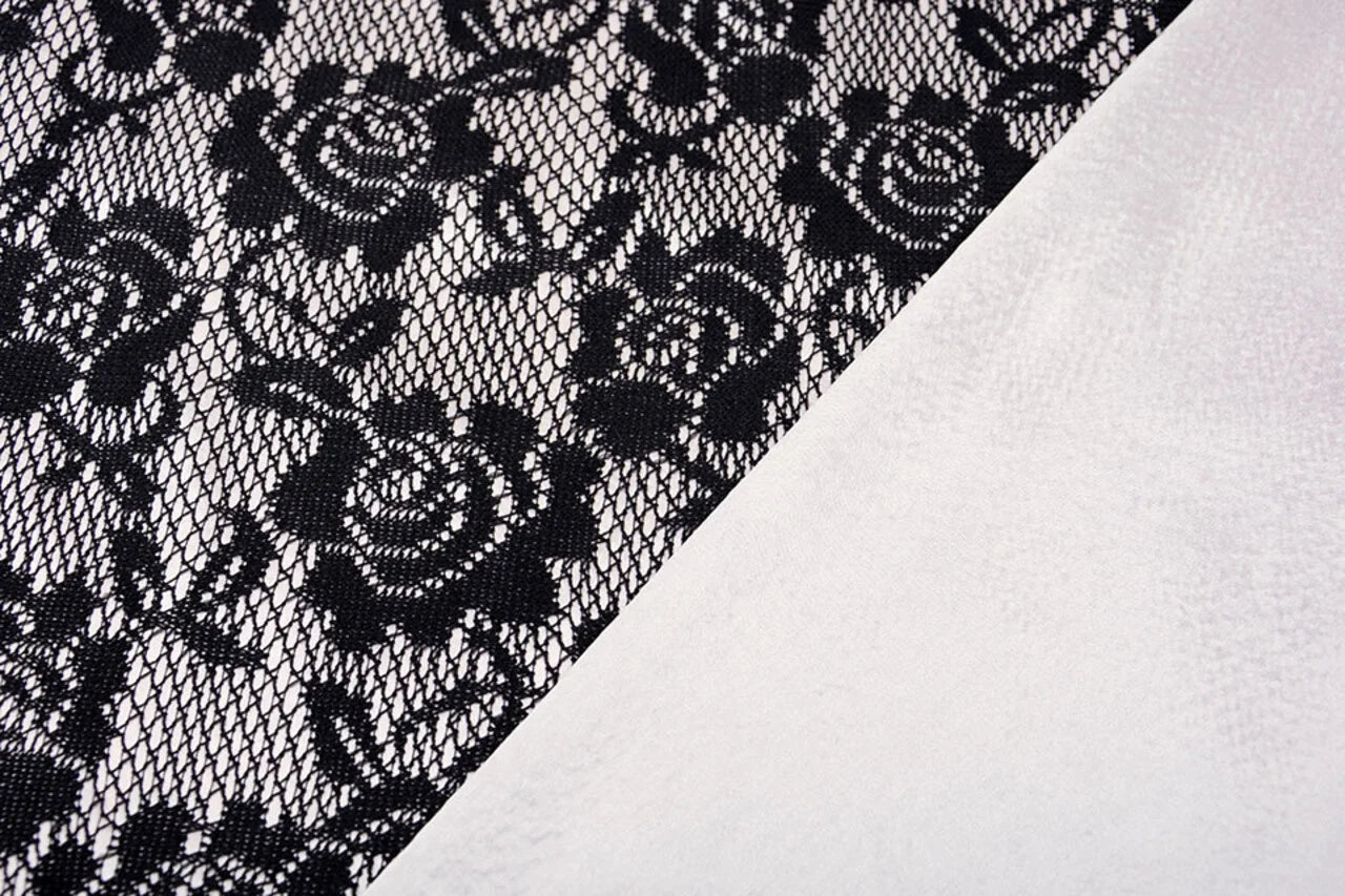 Attēls ar Mežģīņu audums - melns ar balta satīna oderi 155 g/m² – pieejams Šarlotes audumi