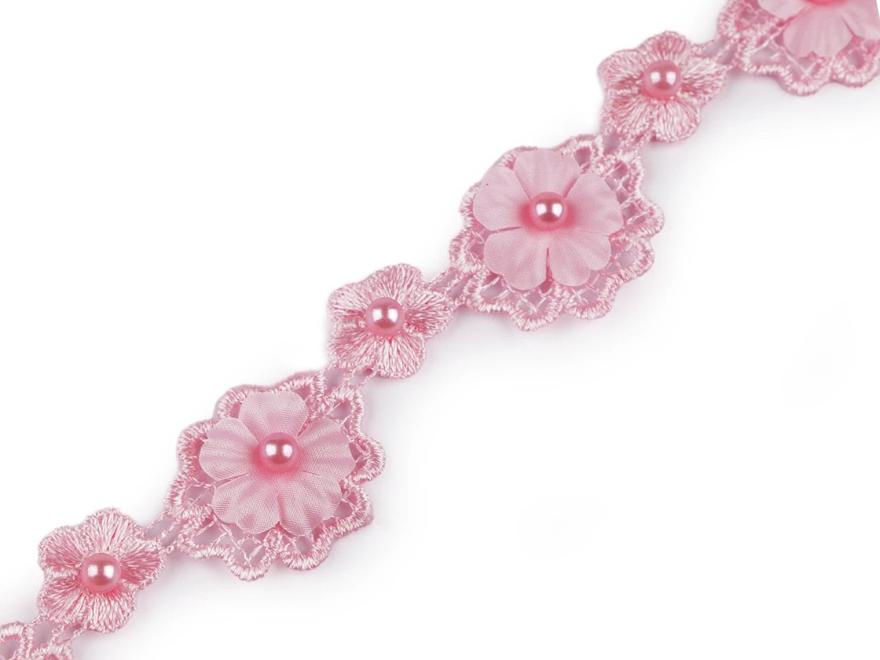 Image de ruban en dentelle avec fleurs 3D et perle 30 mm - rose – disponible chez Šarlotes audumi
