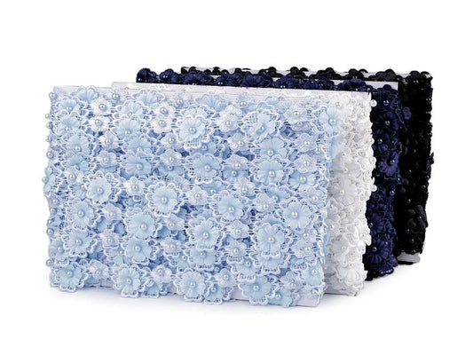 Attēls ar Mežģīņu lenta ar 3D ziediem un pērlīti 30 mm - rozā – pieejams Šarlotes audumi