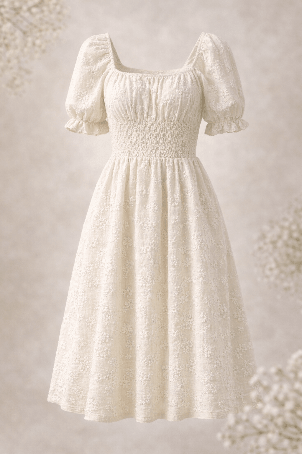 Attēls ar Muslīns ar izšuvumu - bēši ziedi 180 g/m² – pieejams Šarlotes audumi