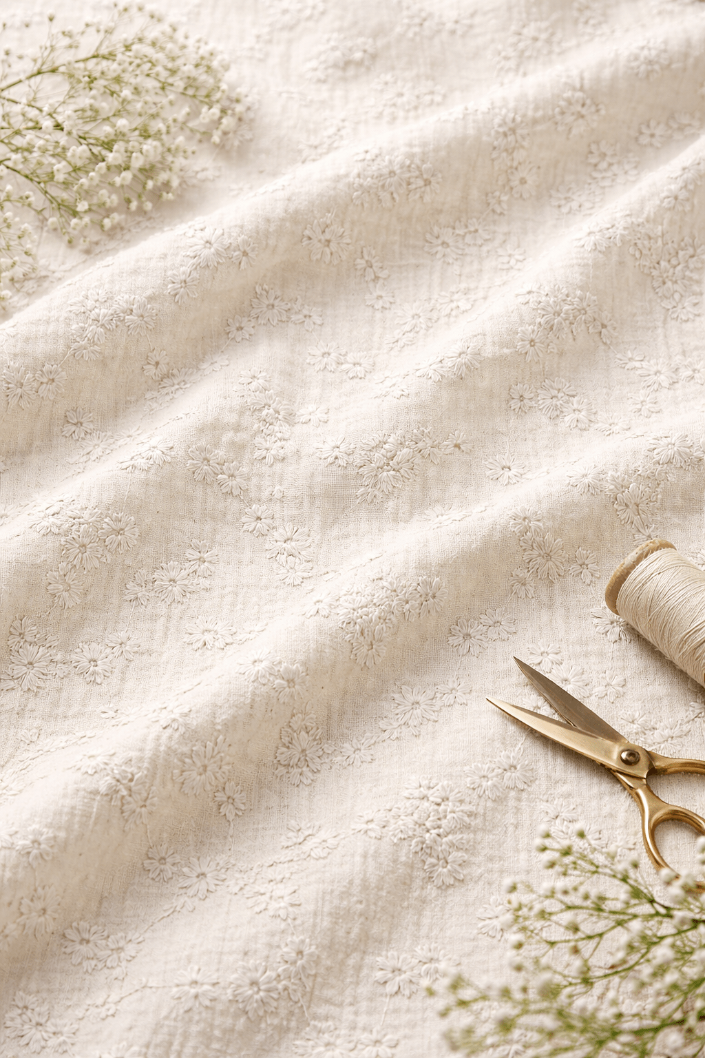 Attēls ar Muslīns ar izšuvumu - bēši ziedi 180 g/m² – pieejams Šarlotes audumi