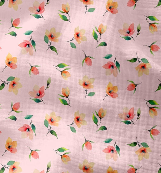 Image de mousseline à petites fleurs sur fond rose 120 g/m² – disponible chez Šarlotes audumi
