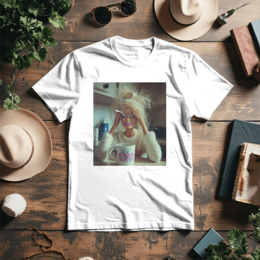 Bild eines T-Shirts aus Bio-Baumwolle mit ironischem Mood-Design – online erhältlich bei Šarlotes audumi