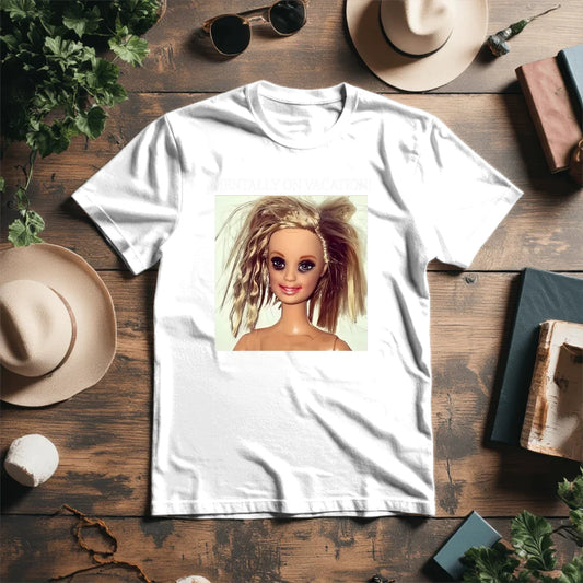 Bild mit T-Shirt aus Bio-Baumwolle „Mentally on vacation“ – online bei Šarlotes audumi erhältlich