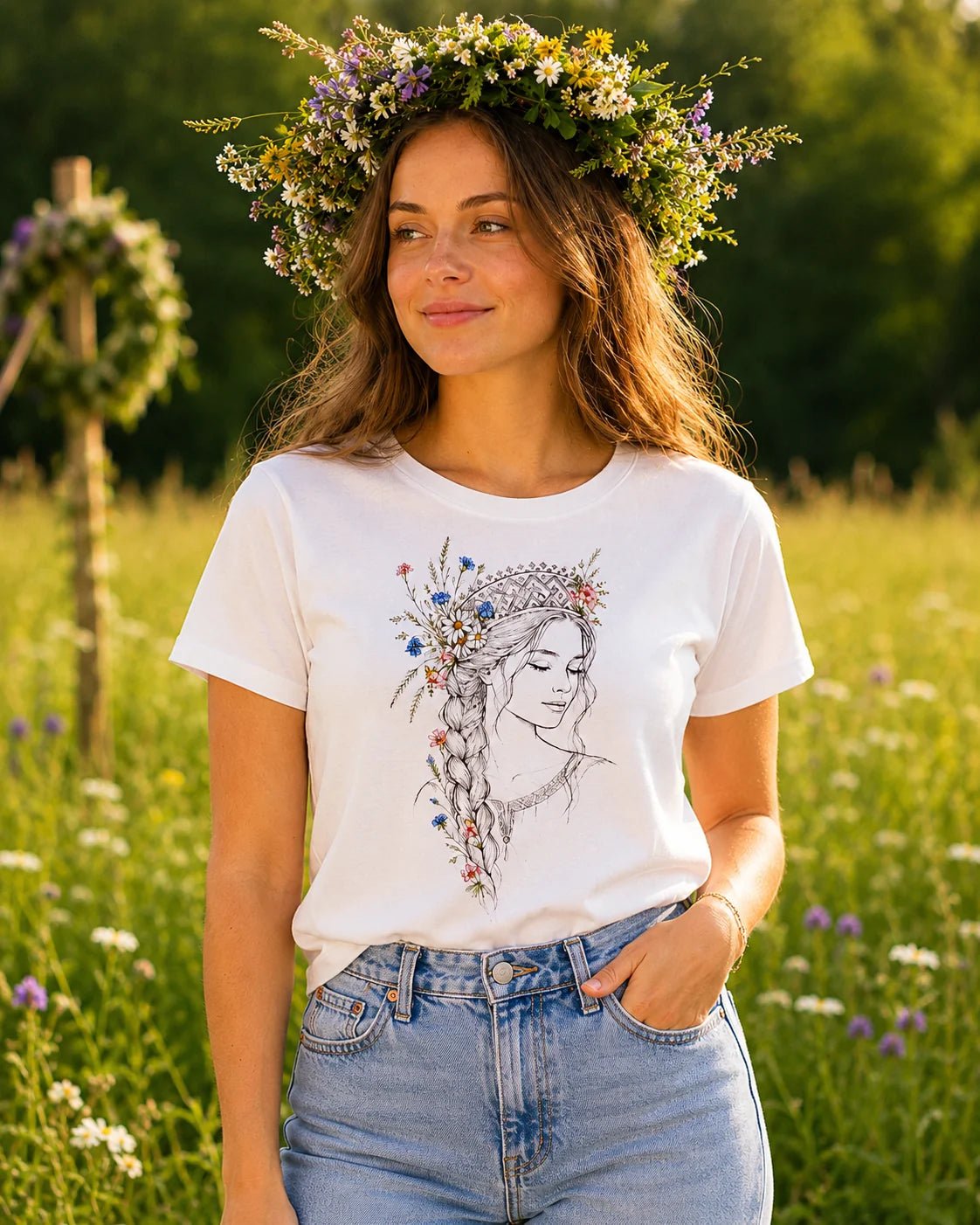 Organic cotton T-shirt "Tautu meita" by Šarlotes audumi
