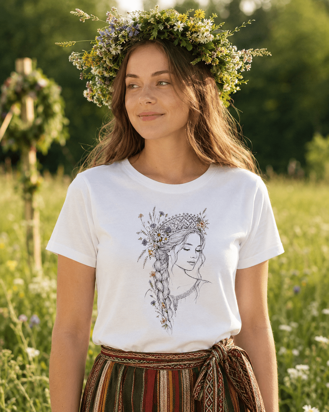Image of an organic cotton T-shirt "Tautu meita" – available at Šarlotes audumi