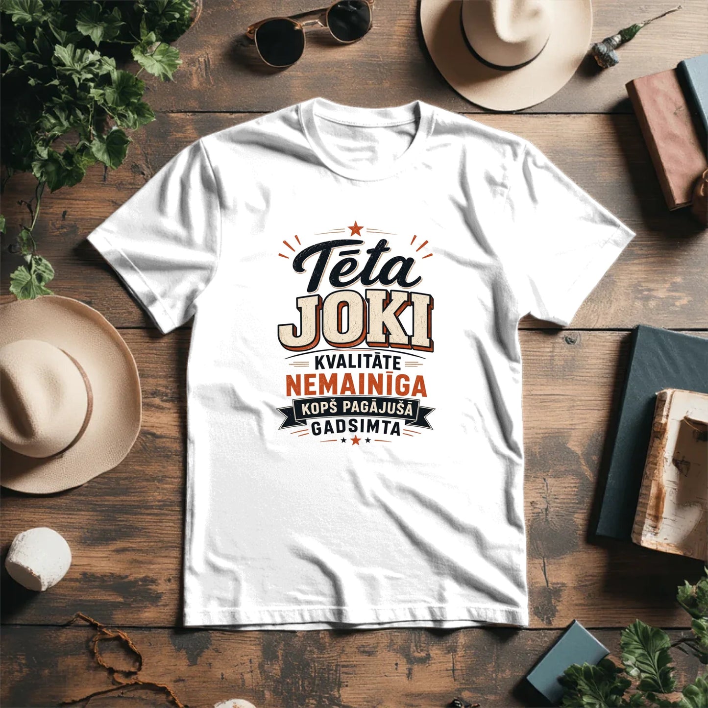 Image d’un t-shirt en coton biologique « Blagues de papa » – disponible en ligne chez Šarlotes audumi