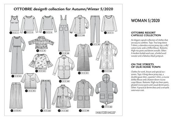 Attēls ar OTTOBRE design Woman 5/2020 – sieviešu apģērbu piegrieztņu žurnāls angļu valodā – pieejams internetā Šarlotes audumi