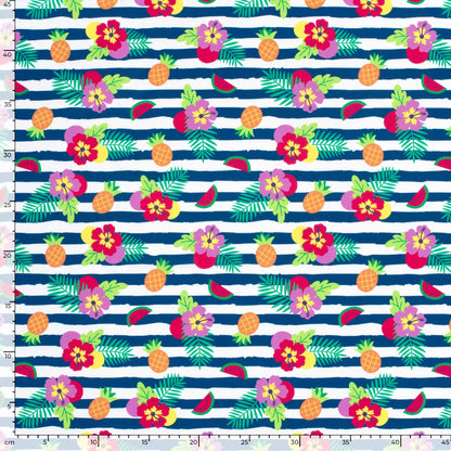 Image d’un tissu de maillot de bain en lycra avec protection UPF50 – motif tropical en lignes 200 g/m² – disponible chez Šarlotes audumi