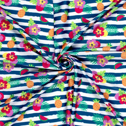 Image d’un tissu pour maillot de bain en lycra avec protection UPF50 – motif tropical à rayures 200 g/m² – disponible chez Šarlotes audumi