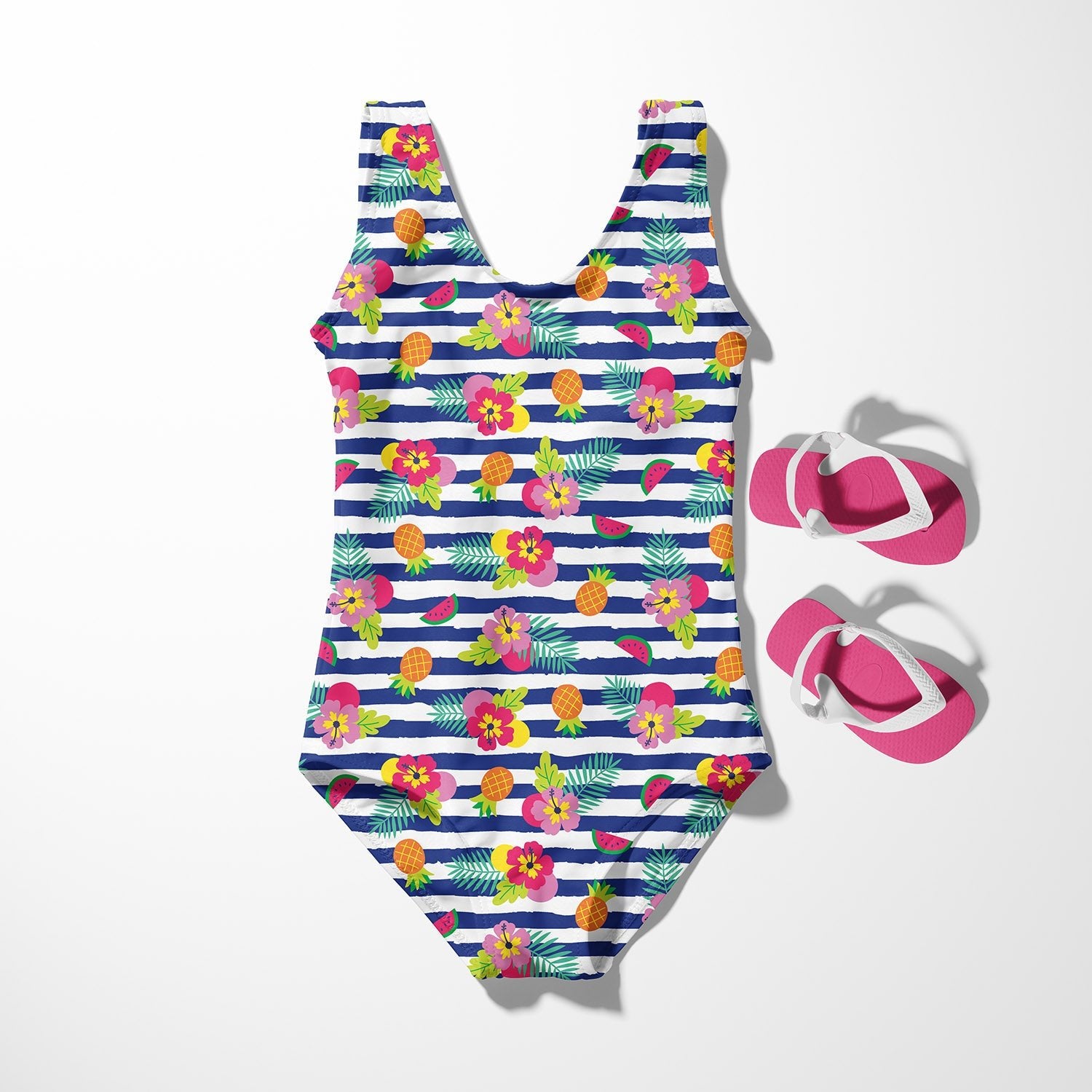 Image d’un tissu de maillot de bain en lycra avec protection UPF50 – motif tropical en lignes 200 g/m² – disponible chez Šarlotes audumi