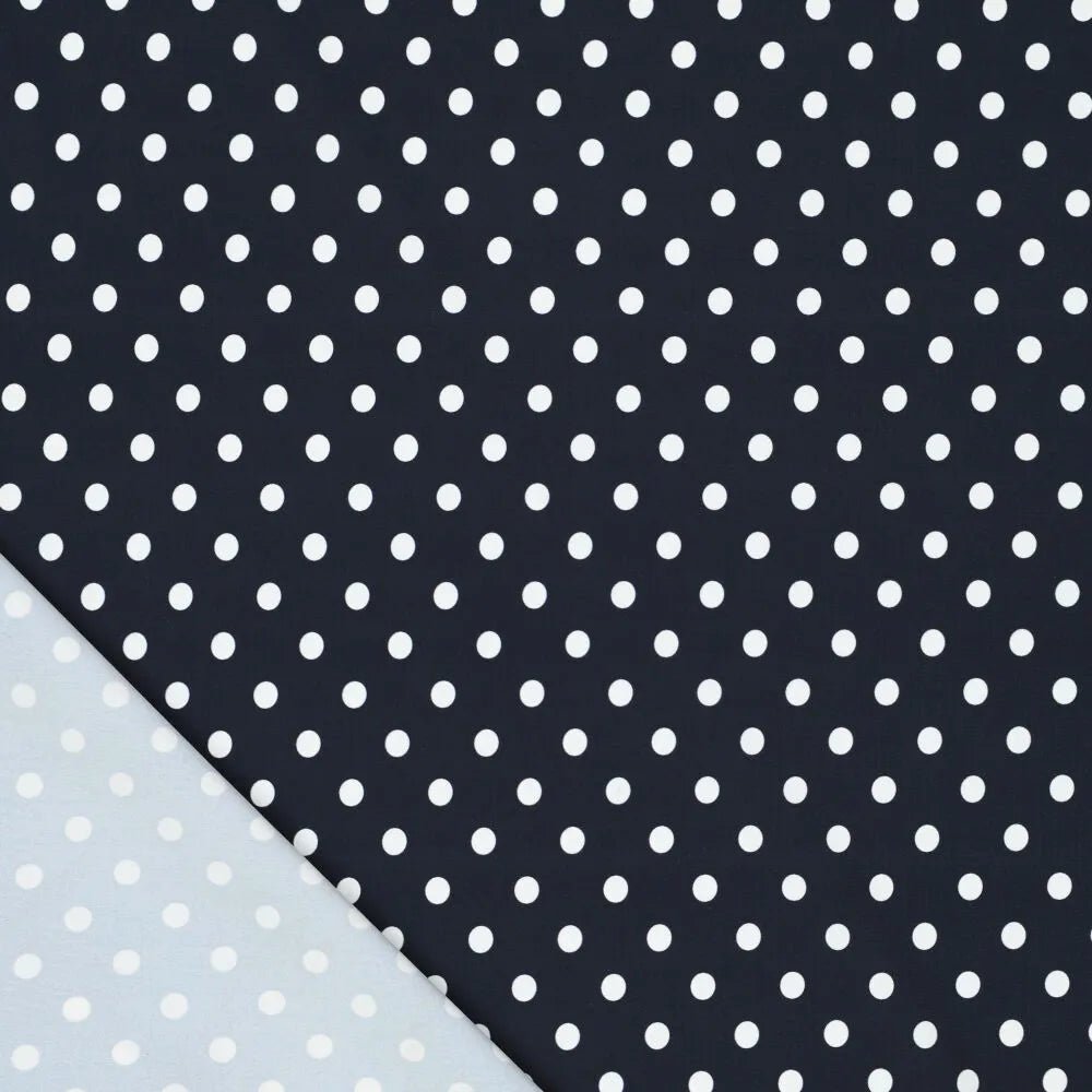 Image du tissu lycra pour maillot de bain - pois sur fond bleu foncé 155 g/m² – disponible chez Šarlotes audumi