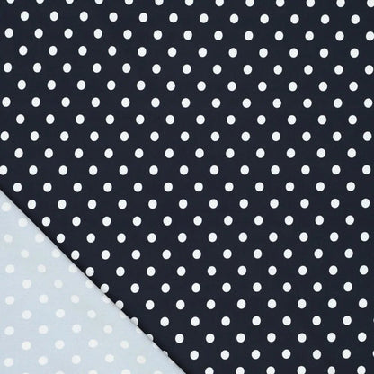 Image du tissu lycra pour maillot de bain - pois sur fond bleu foncé 155 g/m² – disponible chez Šarlotes audumi