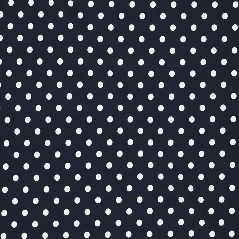 Image de tissu de lycra pour maillot de bain - pois sur fond bleu foncé 155 g/m² – disponible chez Šarlotes audumi