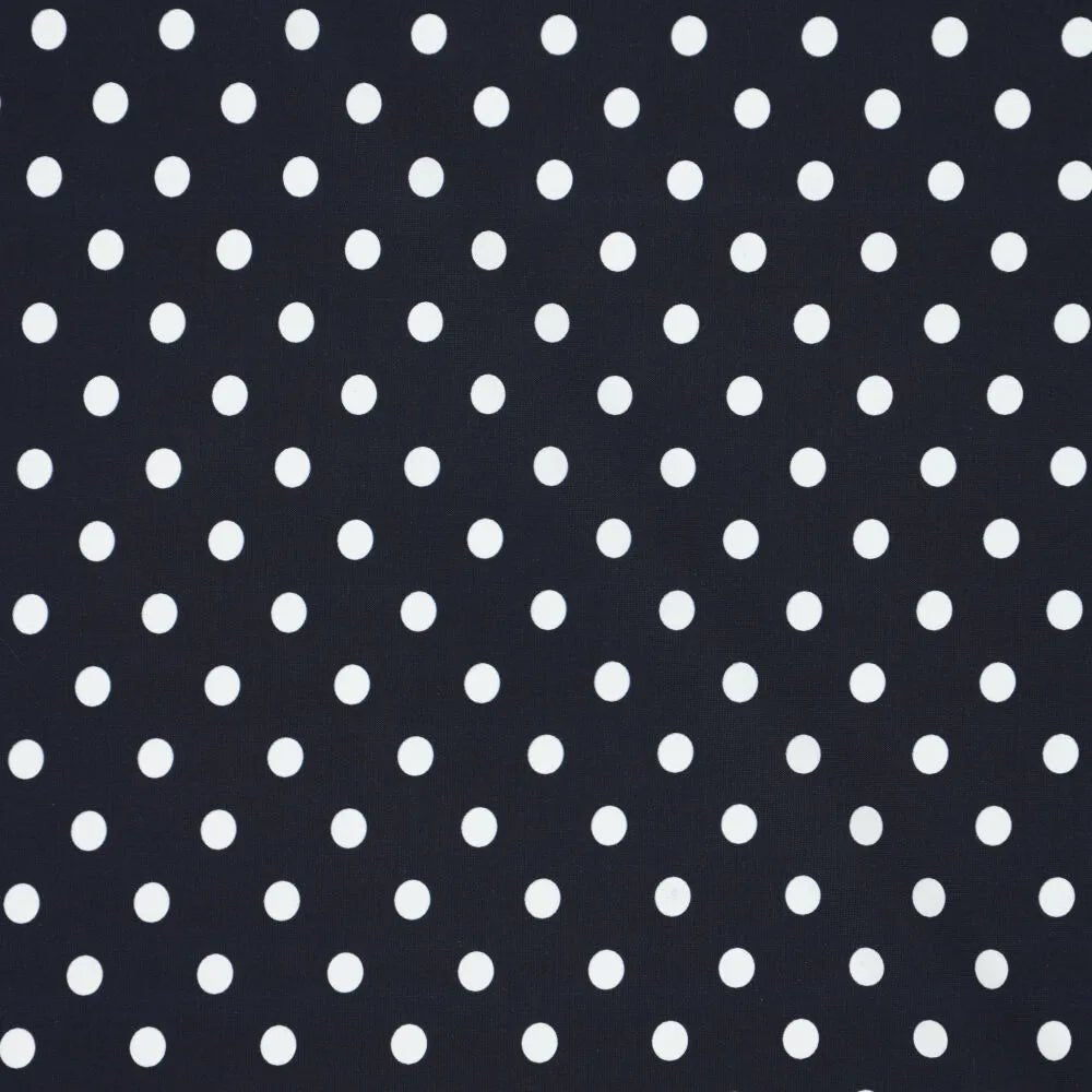 Image de tissu lycra pour maillot de bain à pois sur fond bleu foncé 155 g/m² – disponible chez Šarlotes audumi