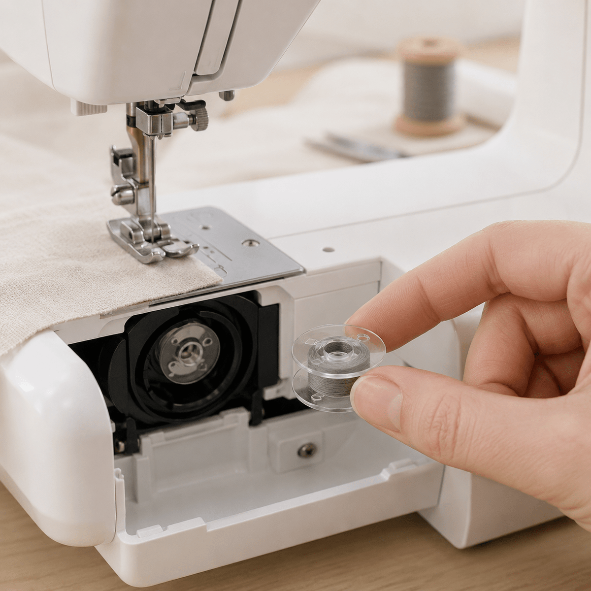 Bild mit Kunststoffspule, flach, für Nähmaschinen, Ø 20,4 mm – Set mit 10 Stk. – online erhältlich bei Šarlotes audumi