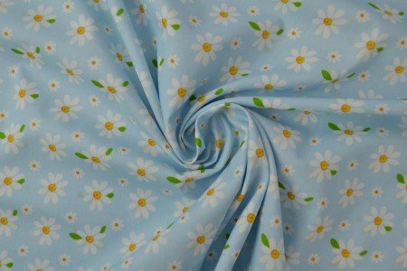 Bild mit Popeline-Gänseblümchen auf Blau – online erhältlich bei Charlotte's Stoffe