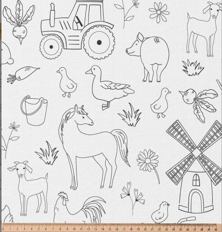 Image en tissu premium 100 % coton à colorier soi-même - ferme 115 g/m² – disponible chez Šarlotes audumi