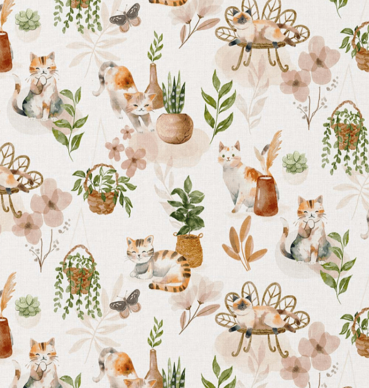 Bild mit Premium-100% Baumwollstoff mit Katzen und Zimmerpflanzen – online erhältlich bei Šarlotes audumi