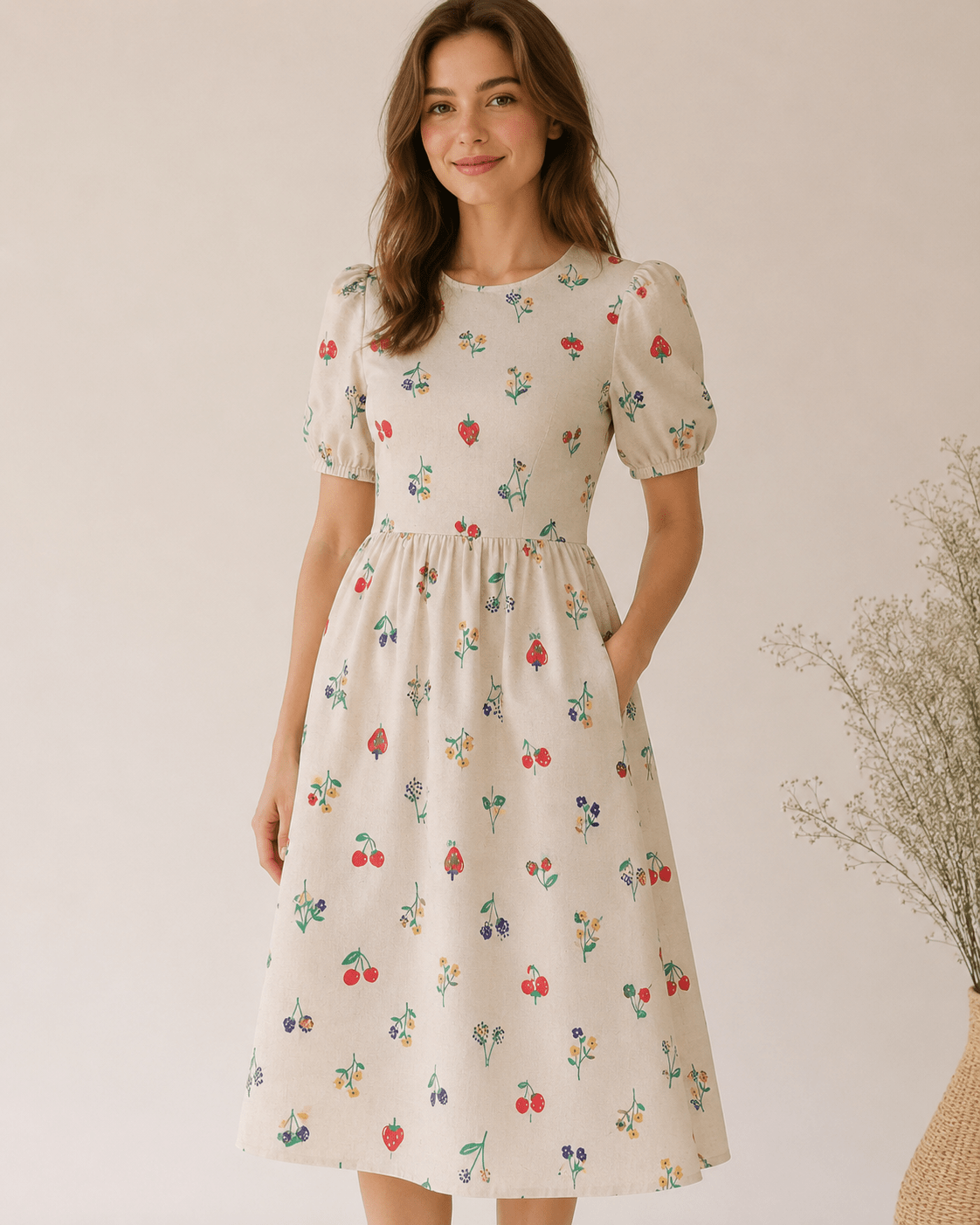 Image de tissu Premium 100 % coton - cerises et fleurs 115 g/m² – disponible chez Šarlotes audumi