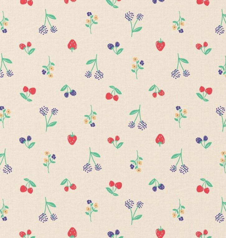 Image avec tissu Premium 100 % coton - cerises et fleurs 115 g/m² – disponible chez Šarlotes audumi