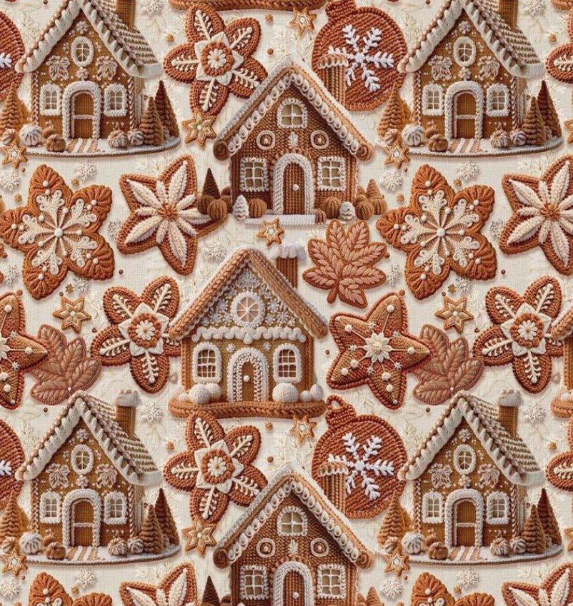 Attēls ar Premium 100% kokvilnas audums - piparkūku namiņi 115 g/m² – pieejams Šarlotes audumi