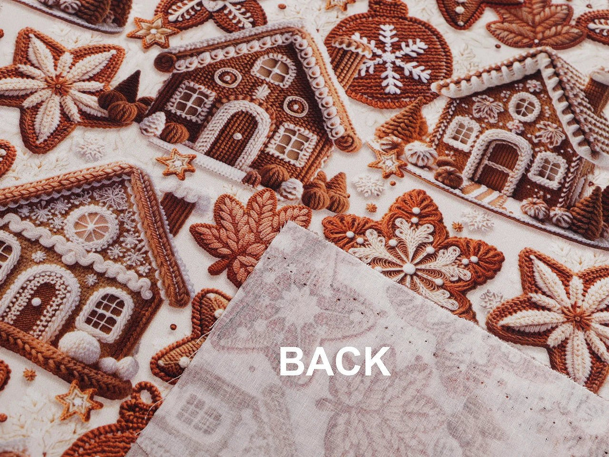 Bild eines Premium-Stoffs aus 100 % Baumwolle mit Lebkuchenhäusern – online erhältlich bei Šarlotes audumi