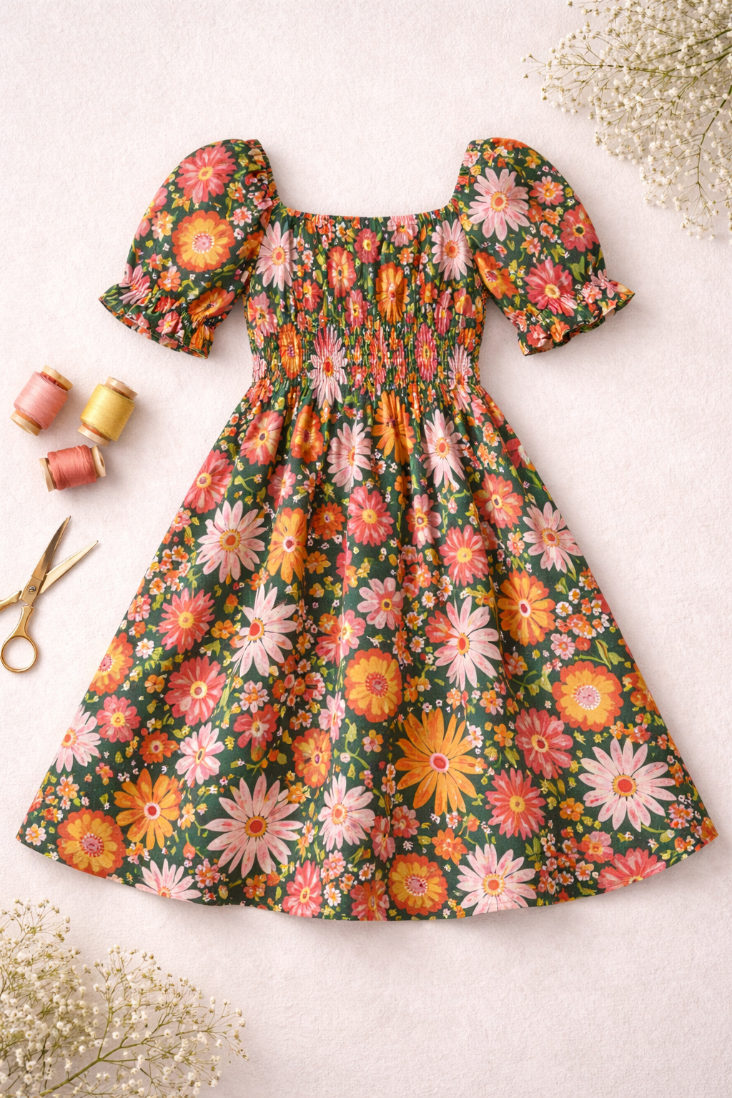 Attēls ar Premium 100% kokvilnas audums - puķes uz zaļa 115 g/m² – pieejams Šarlotes audumi