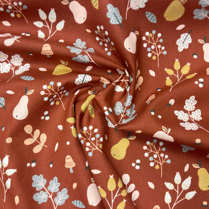 Premium 100 % coton - petites fleurs sur fond rouge brique 110 g/m²
