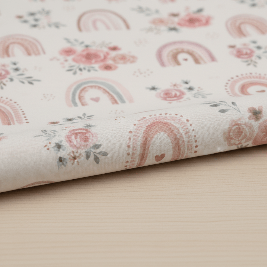 Attēls ar Premium 100% kokvilnas audums - rozītes ar varavīksnēm 130 g/m² – pieejams Šarlotes audumi