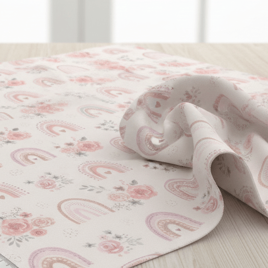 Attēls ar Premium 100% kokvilnas audums - rozītes ar varavīksnēm 130 g/m² – pieejams Šarlotes audumi