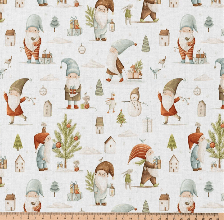 Bild mit Premium 100% Baumwollstoff – Weihnachtszwerge, online erhältlich bei Šarlotes audumi