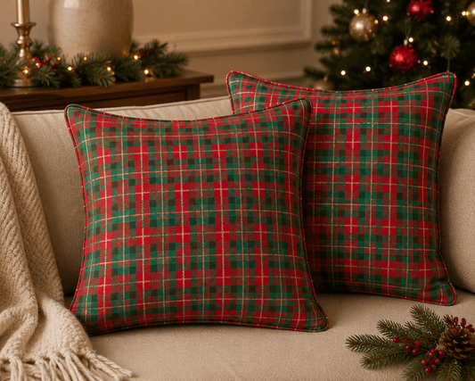 Image of premium 100% cotton fabric - Scottish plaid with gold accents 120 g/m² – available online at Šarlotes audumi
