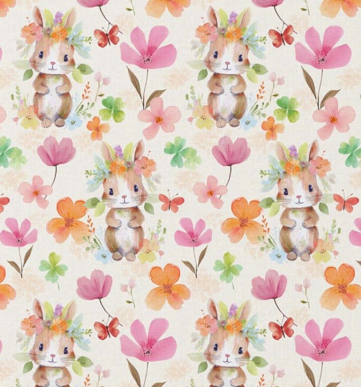 Attēls ar Premium 100% kokvilnas audums - zaķenīte ziedos 115 g/m² – pieejams Šarlotes audumi