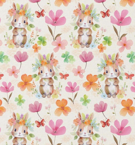 Attēls ar Premium 100% kokvilnas audums - zaķenīte ziedos 115 g/m² – pieejams Šarlotes audumi
